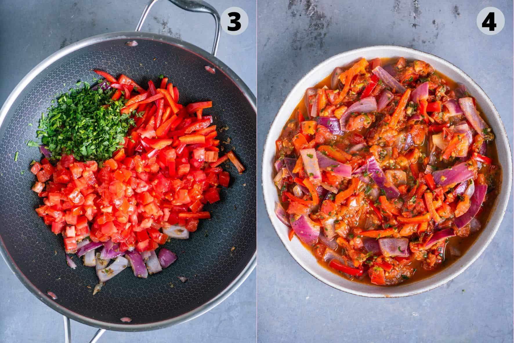 2 image collage showing how to make the tikka masala sauce.