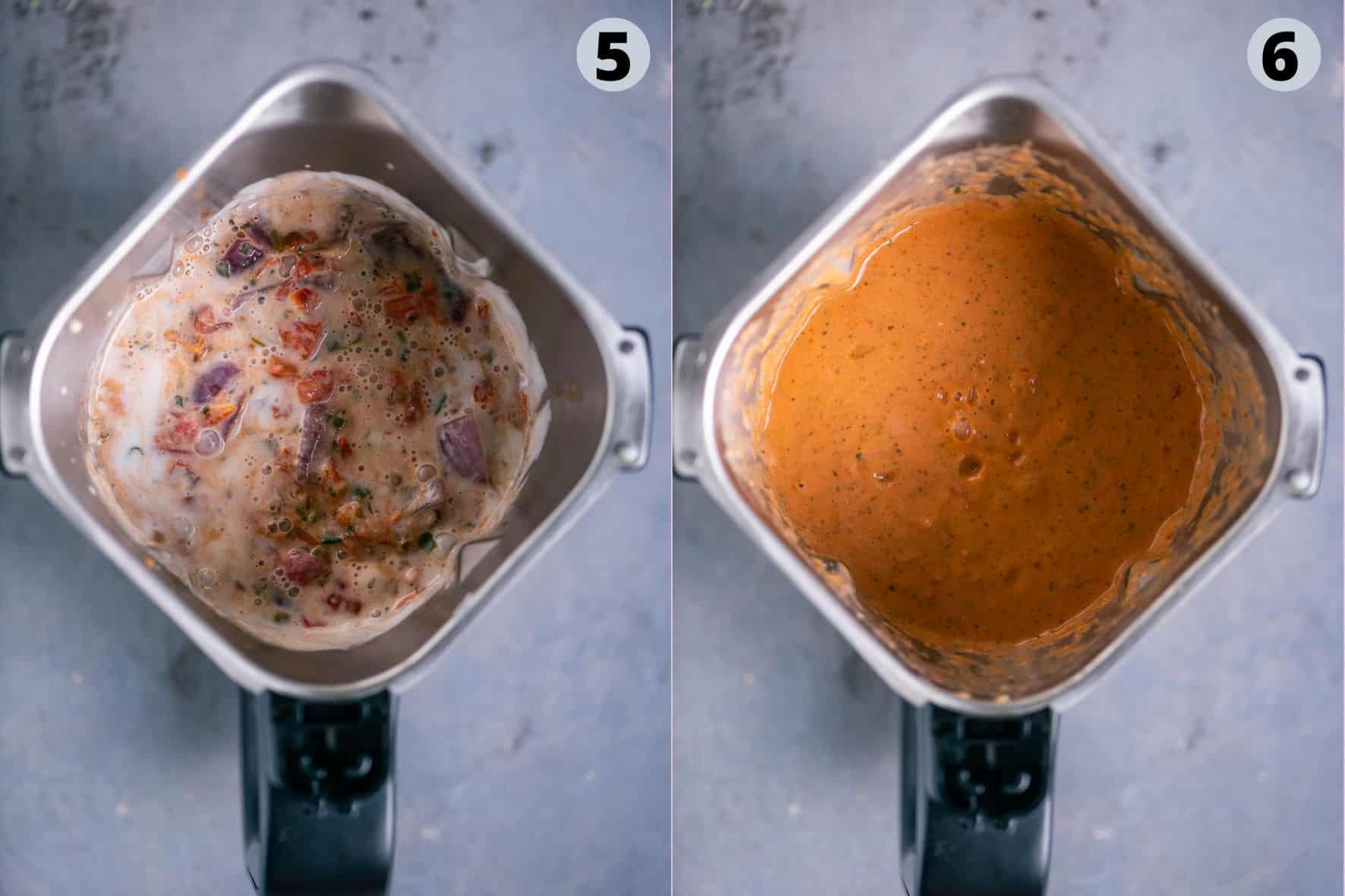 2 image collage showing the steps to make tikka masala curry sauce.