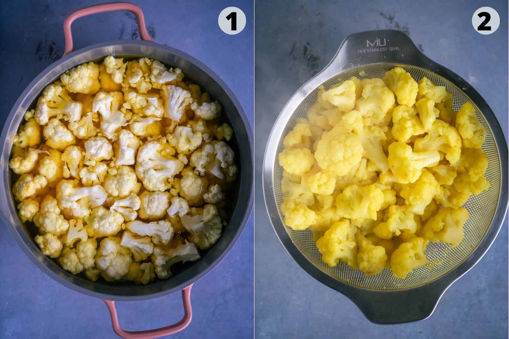 2 image collage showing how to prep the cauliflower when making vegan tikka masala.