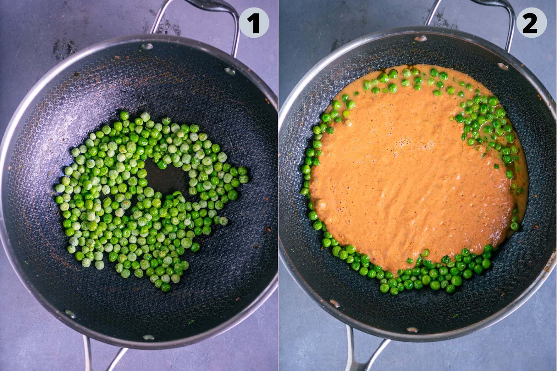 2 image collage showing how to make extreme close up image of Cauliflower Tikka Masala.