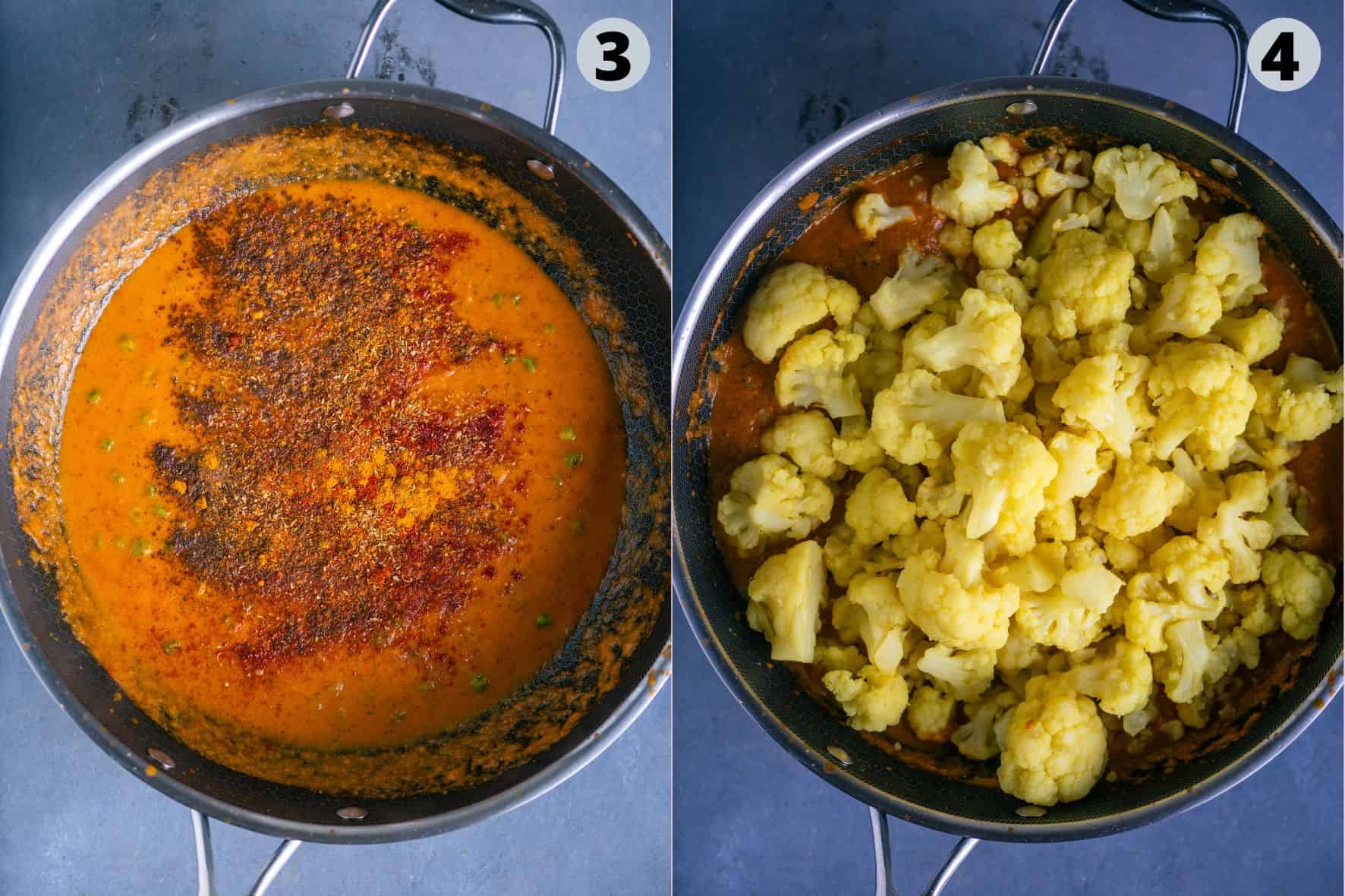 2 image collage showing the process of making Cauliflower Tikka Masala.