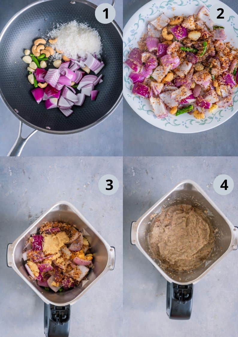 4 image collage showing how to make the masala for green peas pulao.