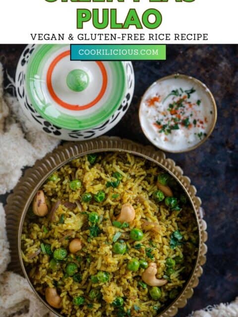 Matar pulao served in a round bowl with a spoon in it and text at the top.