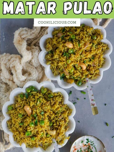 Green peas pulao served in two bowls.