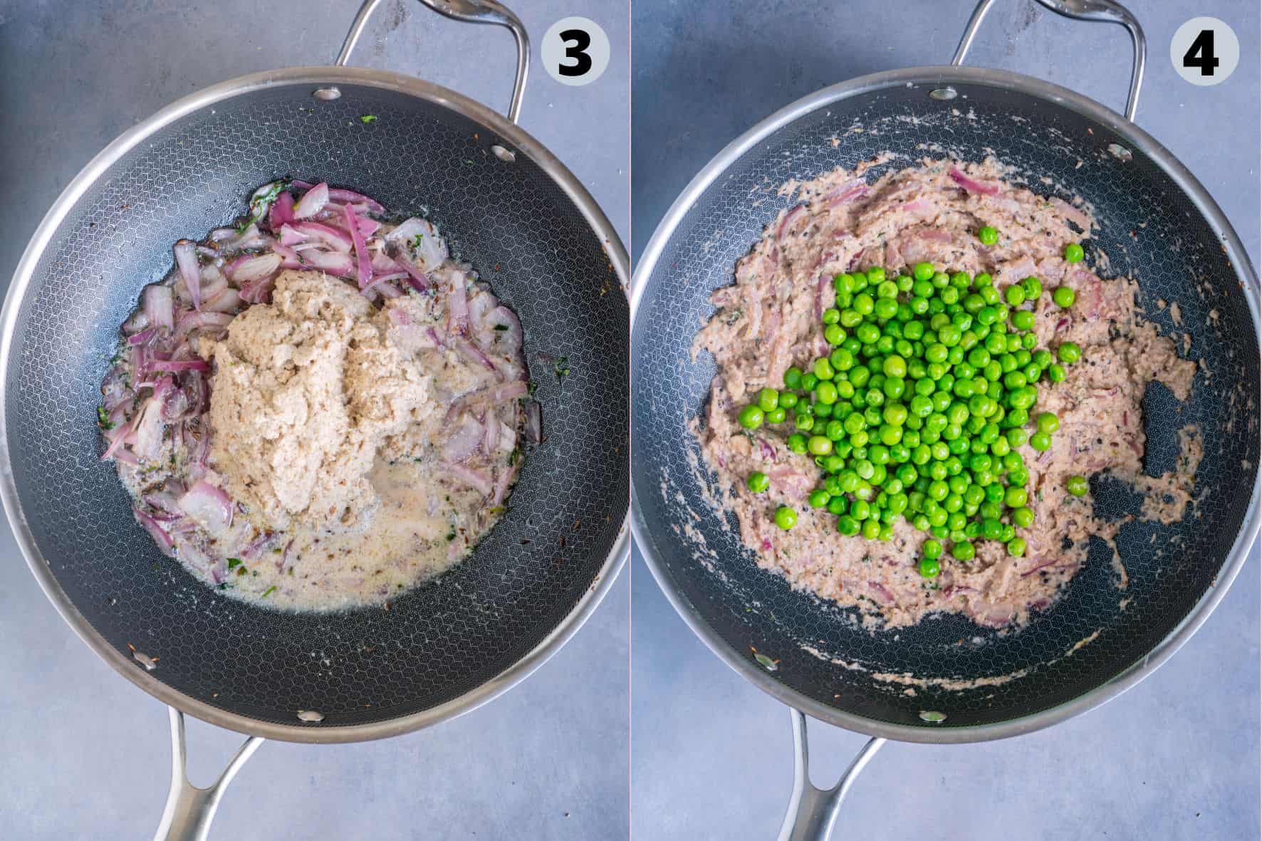 2 image collage showing the steps to make matar chawal.