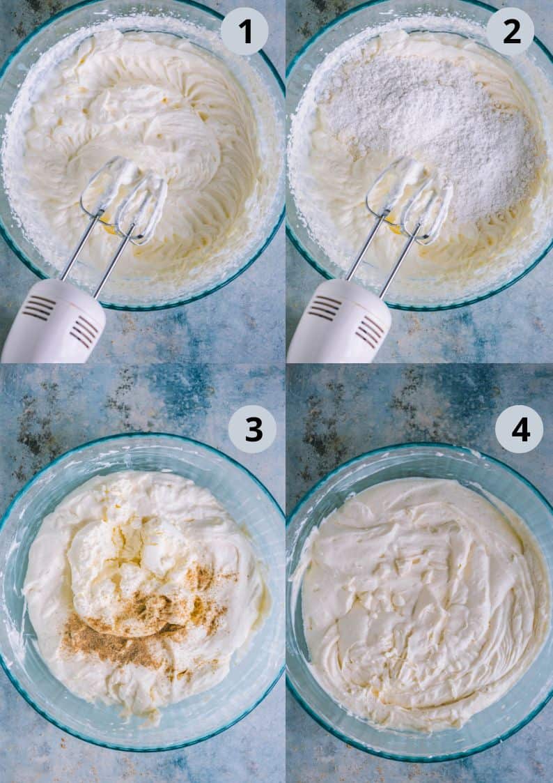 4 image collage showing how to make the whipped cream for Rasmalai cake.