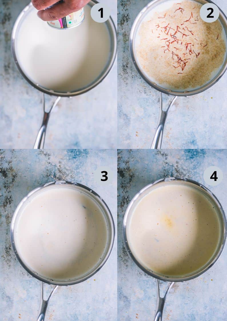 4 image collage showing how to make Rabri for Rasmalai cake.