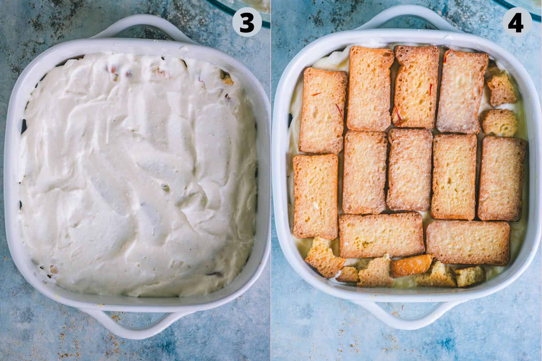 2 image collage showing the steps to assemble the eggless Rasmalai cake.