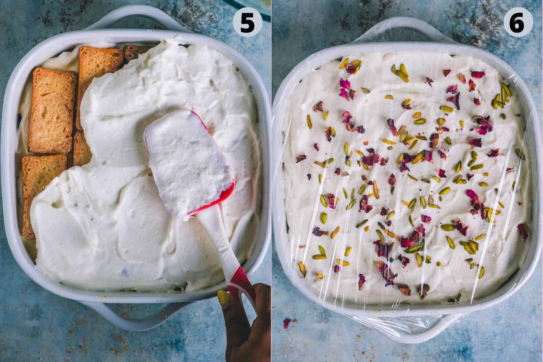 2 image collage showing the process of putting together a no-bake Rasmalai cake.