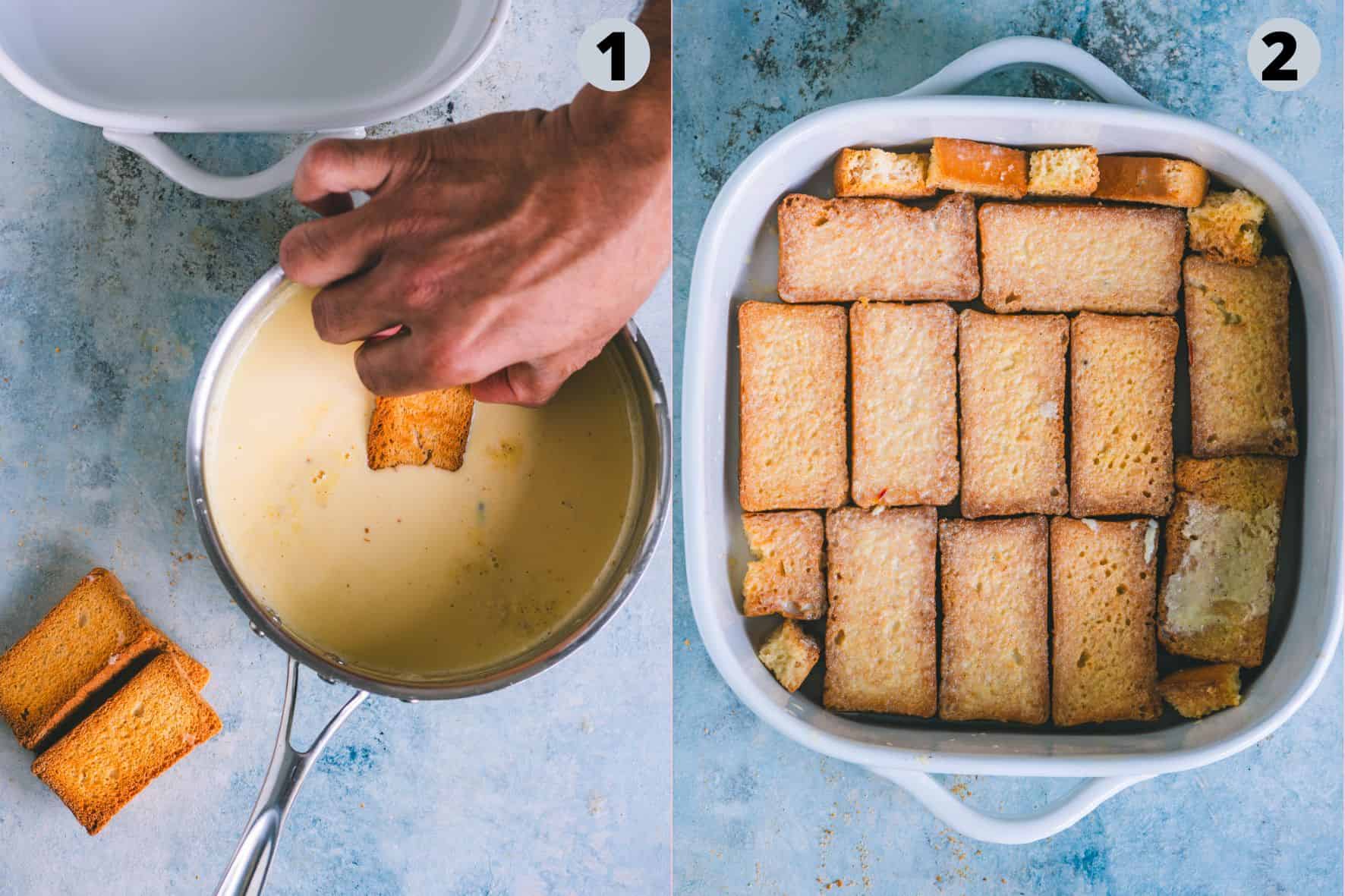 2 image collage showing how to assemble the no-bake Rasmalai cake in a casserole.