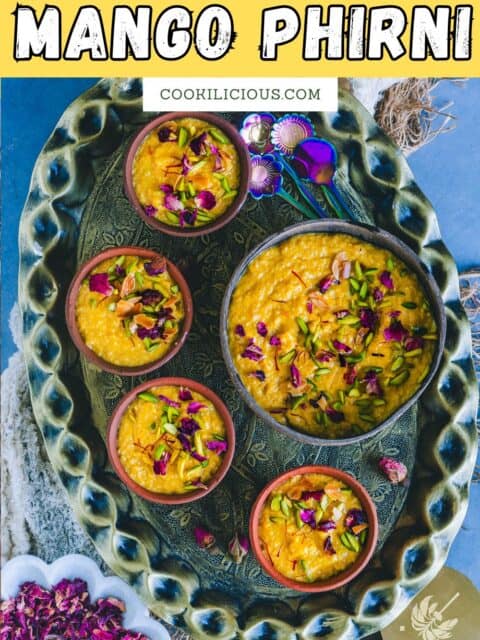 5 bowls of Mango Phirni served in a tray and text at the top.