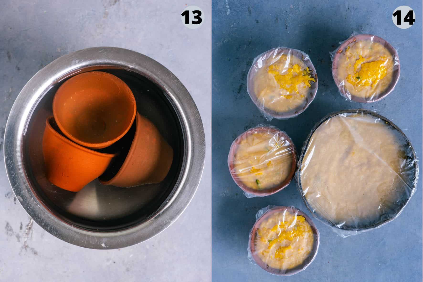 2 image collage showing how to store Mango Phirni in earthen pots.