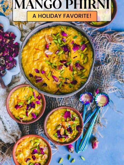 Homemade mango rice pudding served in 5 bowls and text at the top and bottom.