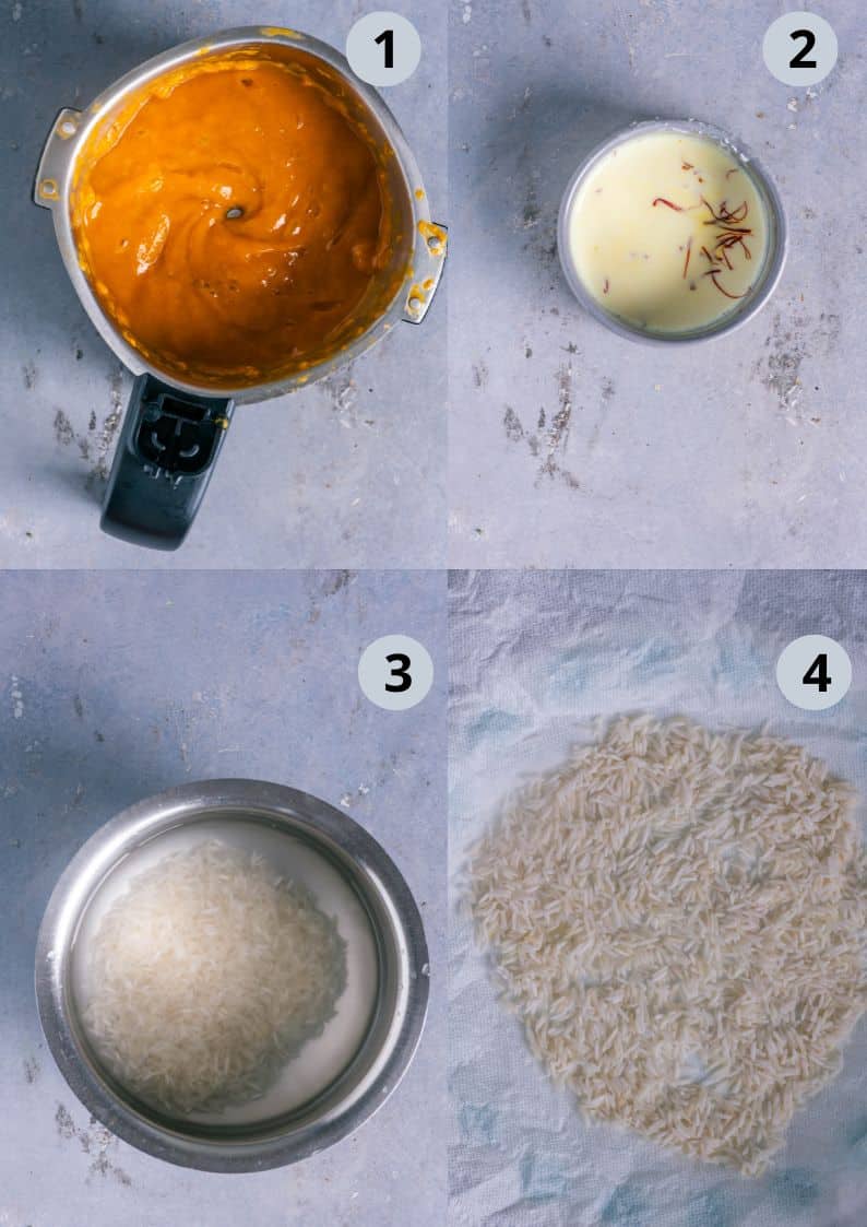 4 image collage showing how to make Mango Phirni.