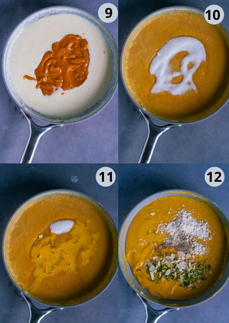 4 image collage showing the recipe to make firni with mango..