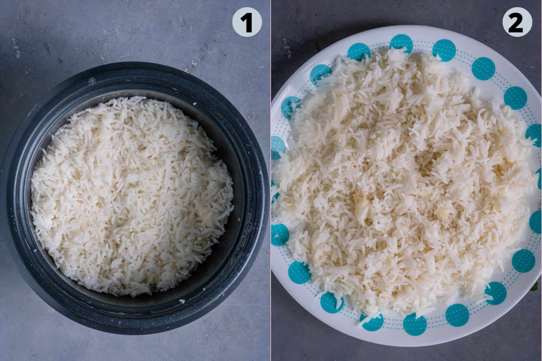 2 image collage showing how to cook rice for making peas pulao.