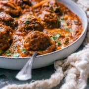 Vegan kofta curry with plant-based meatballs in a rich Indian-style gravy.