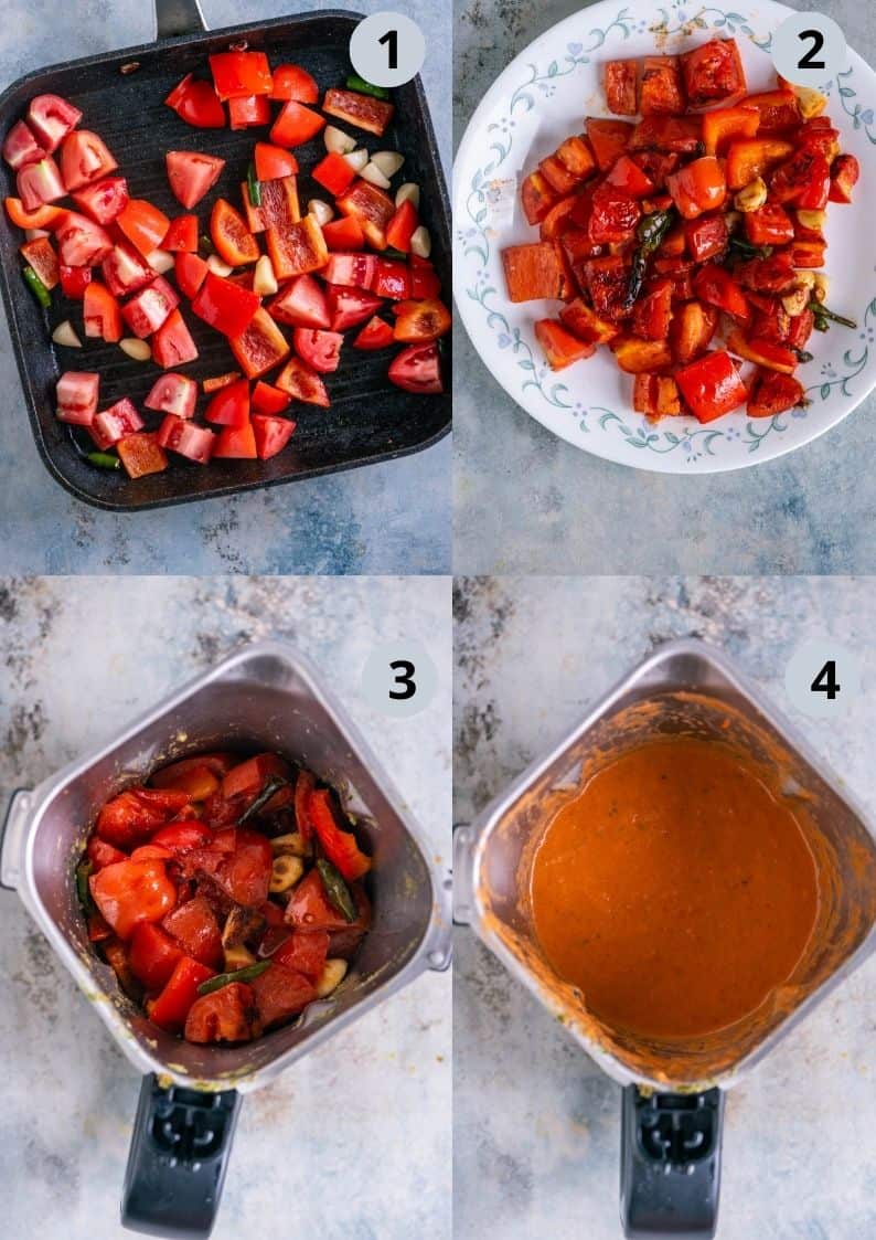 4 image collage showing the steps to make the curry sauce to go with vegan meatballs.