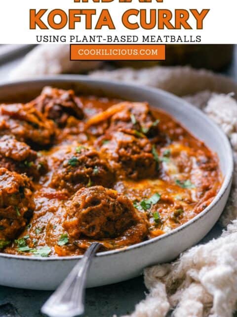 Vegan kofta curry served in a bowl with a spoon in it and text at the top.