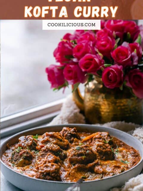 Vegan meatball curry served in a bowl and text at the top.