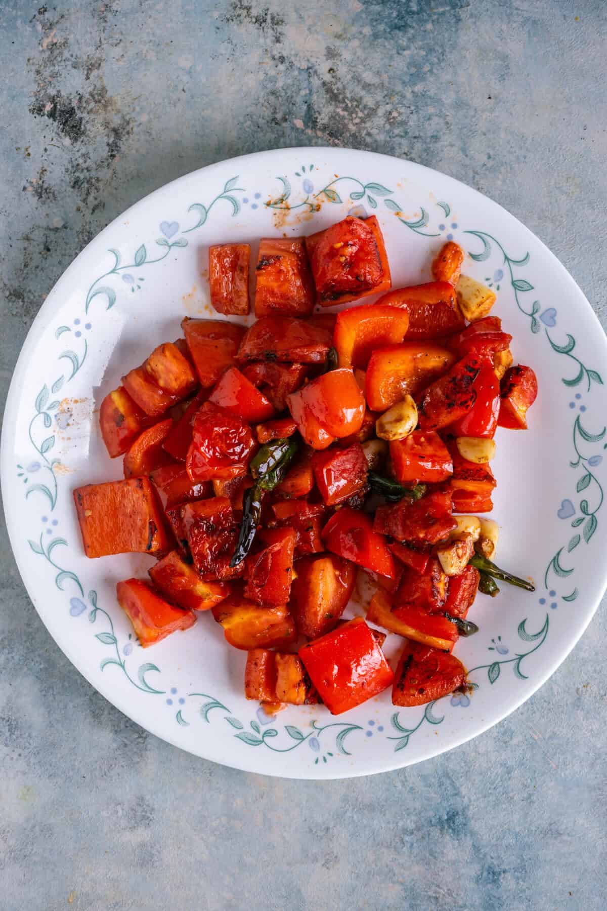 Grilled vegetables with char marks used for kofta curry masala.