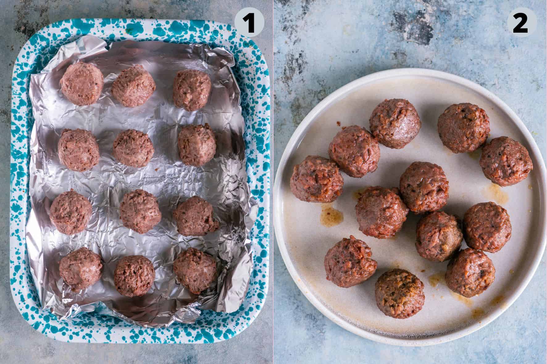 2 image collage showing how to cook frozen plant-based meatballs in the oven.