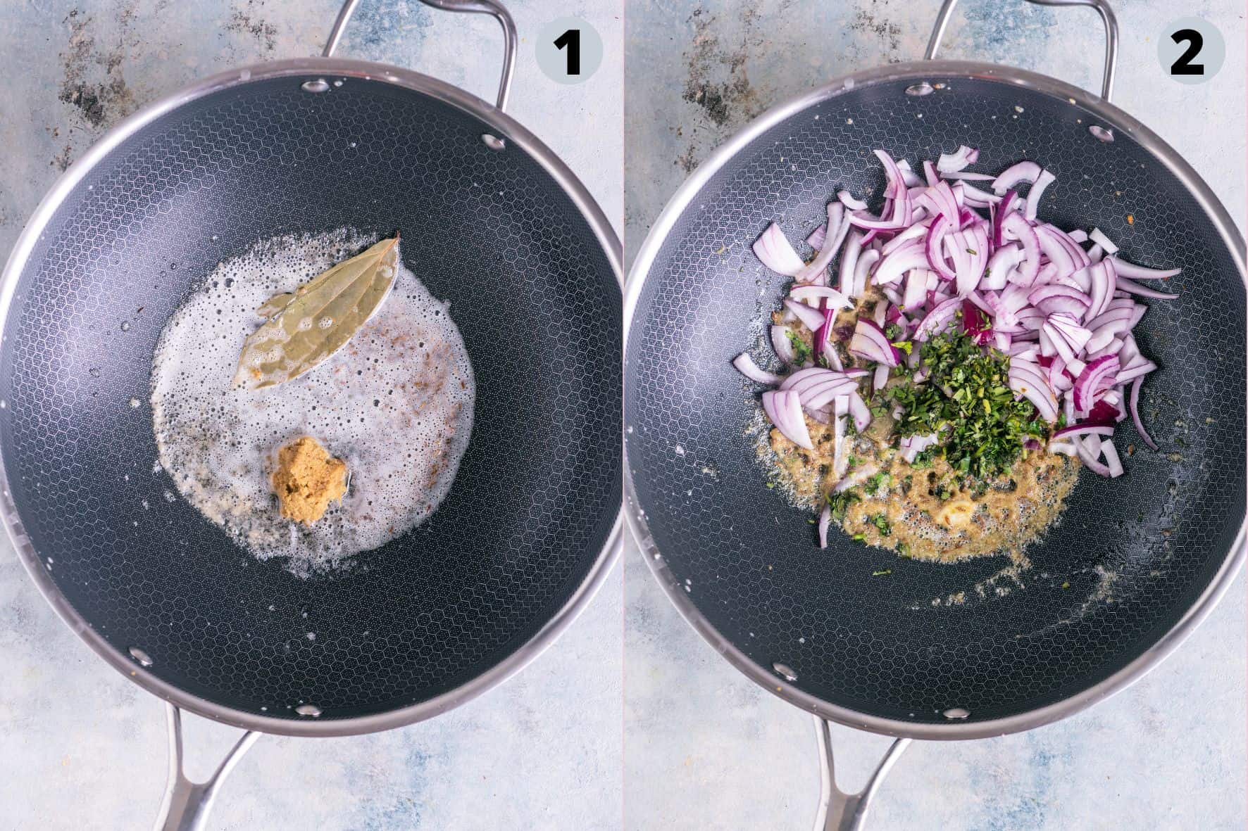 2 image collage showing how to make vegan kofta curry.