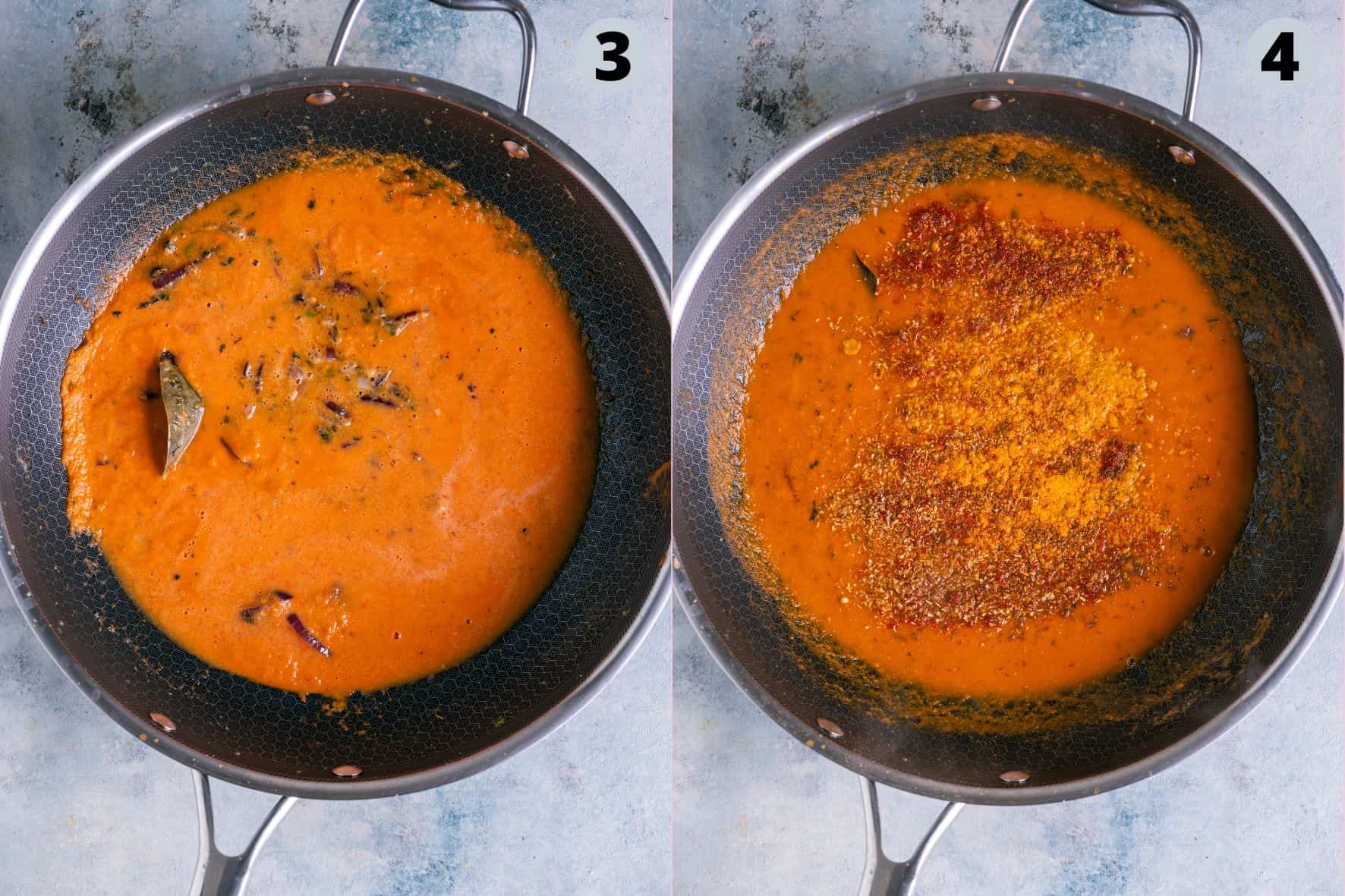 2 image collage showing the steps to make Indian Kofta Curry using plant-based meatballs.