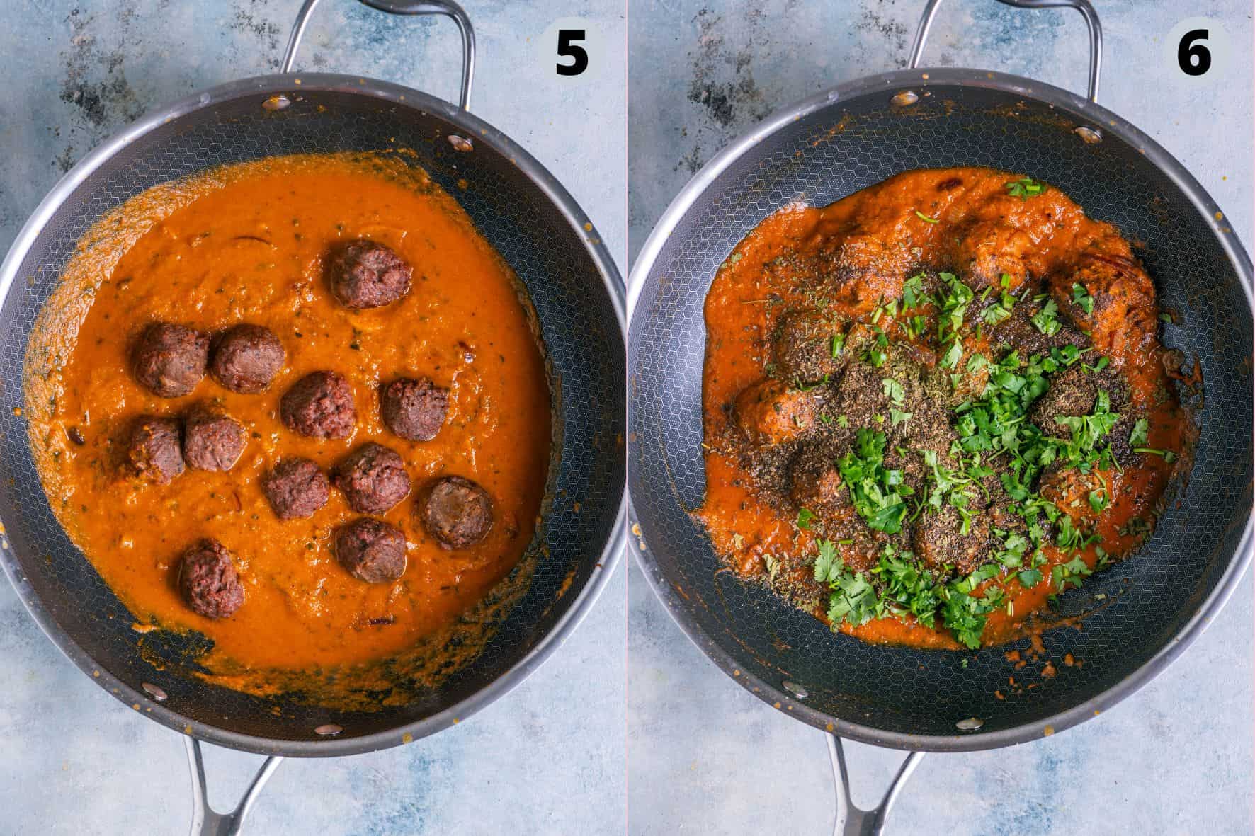 2 image collage showing the process of making Indian Kofta Curry with Plant-Based Meatballs,