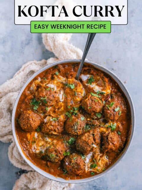 Kofta Curry with Plant-Based Meatballs served in a bowl with a spoon in it and text at the top and bottom.