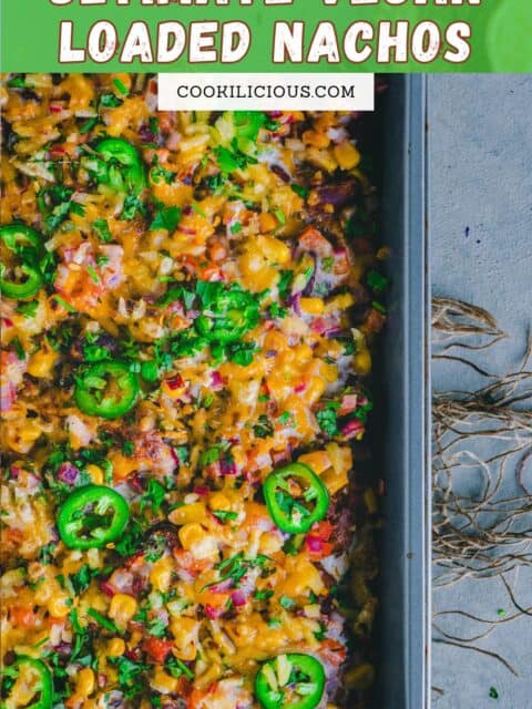 half tray of Vegan Loaded Nachos and text at the top.