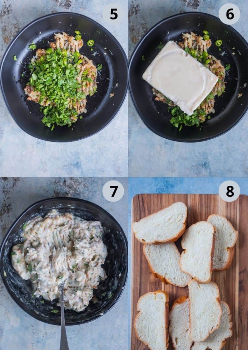 4 image collage showing the steps to make vegan garlic bread in an air fryer.