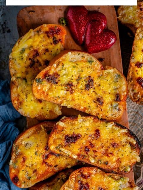 Air Fryer Garlic Bread served in a tray and text at the top.