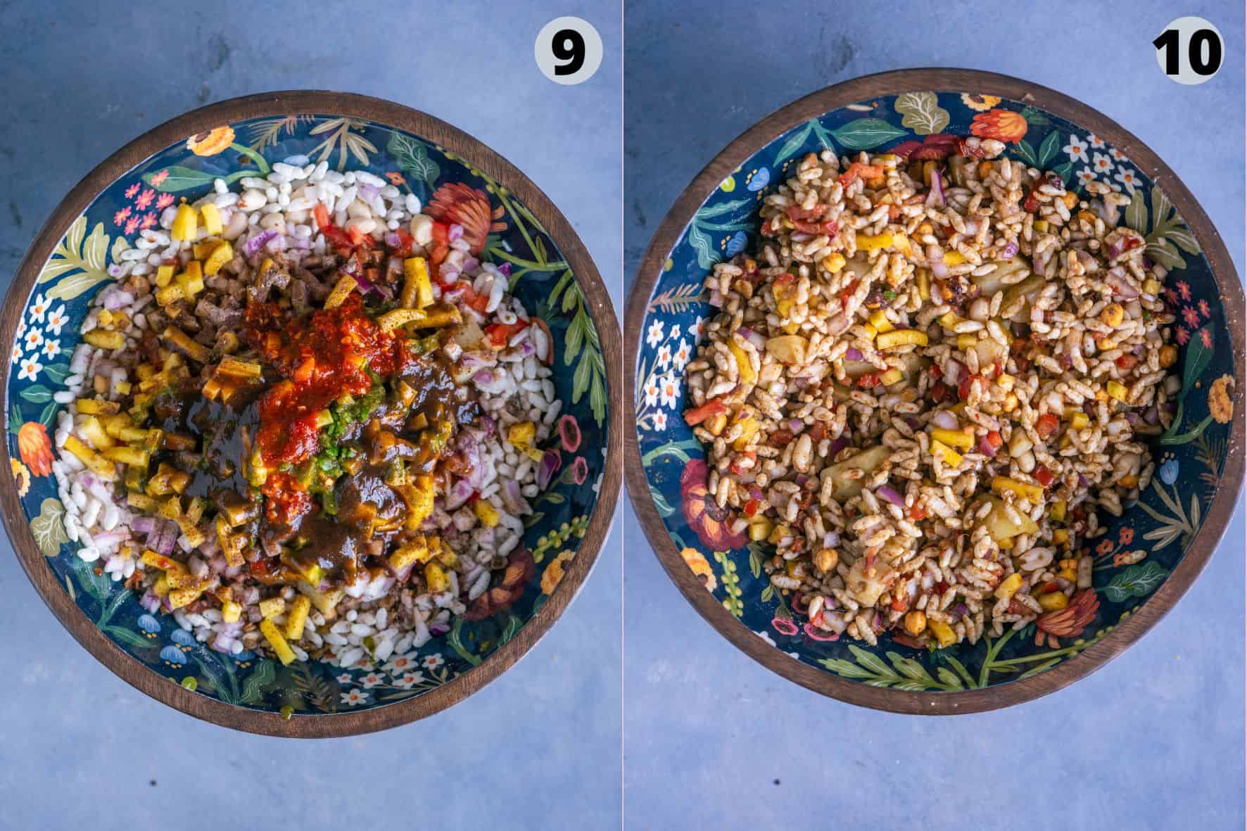 2 image collage showing the steps to make Bhel.