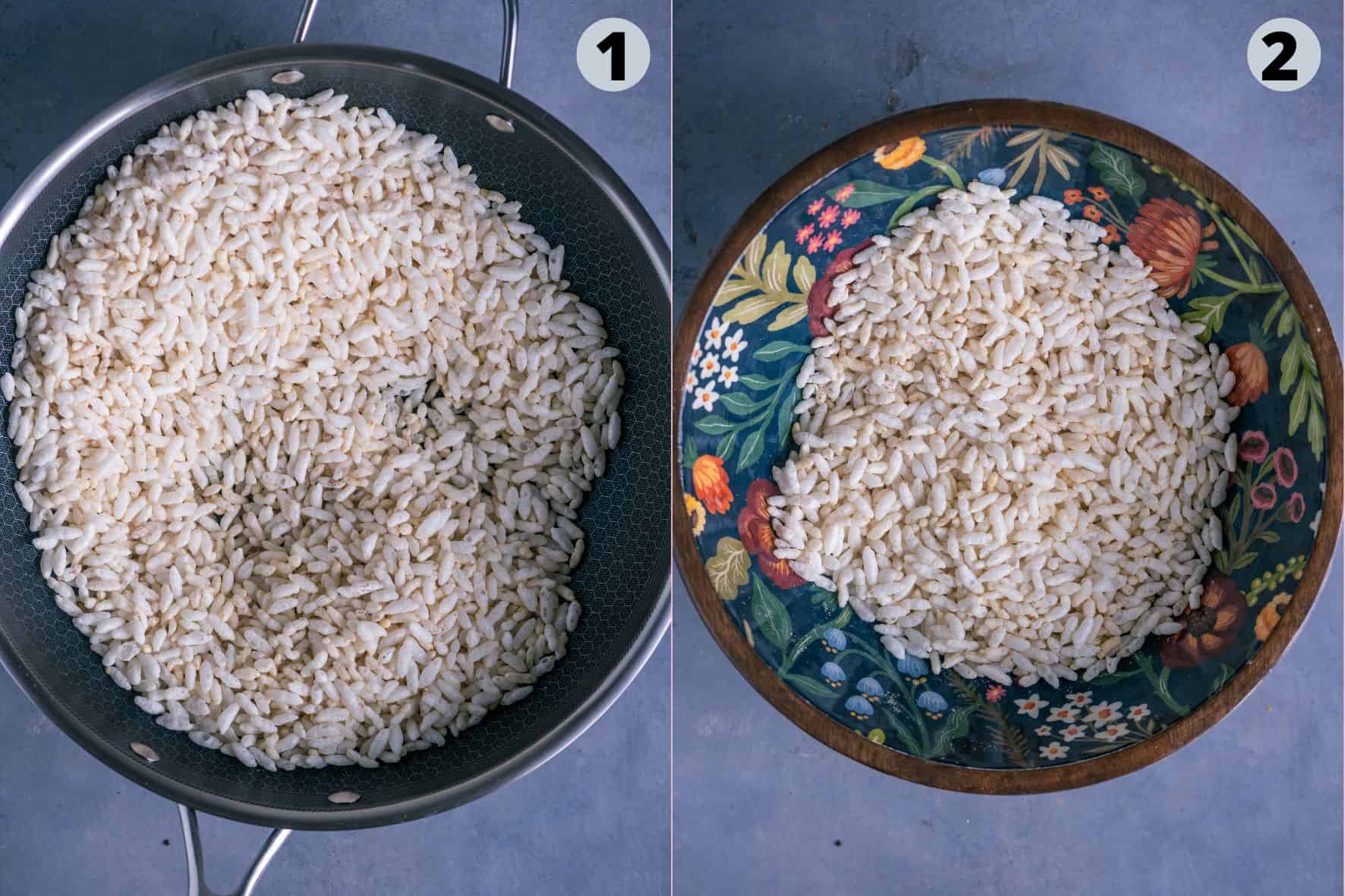 2 image collage showing how to prep the kurmura before making Bhelpuri.