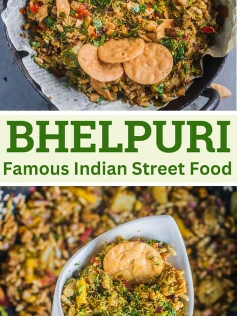 2 image collage of Bhel Puri with text in the middle.