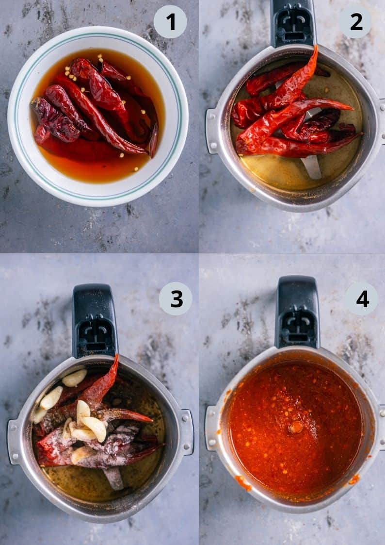 4 image collage showing how to make the spicy red garlic chutney used to make Bhel Puri.