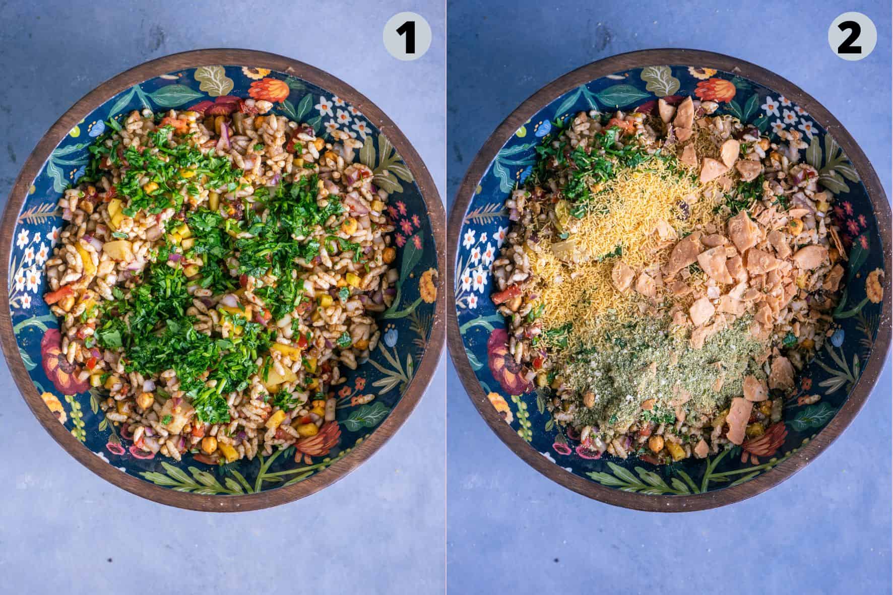 2 image collage showing what ingredients to add as garnish when making Bombay Bhel Puri at home.