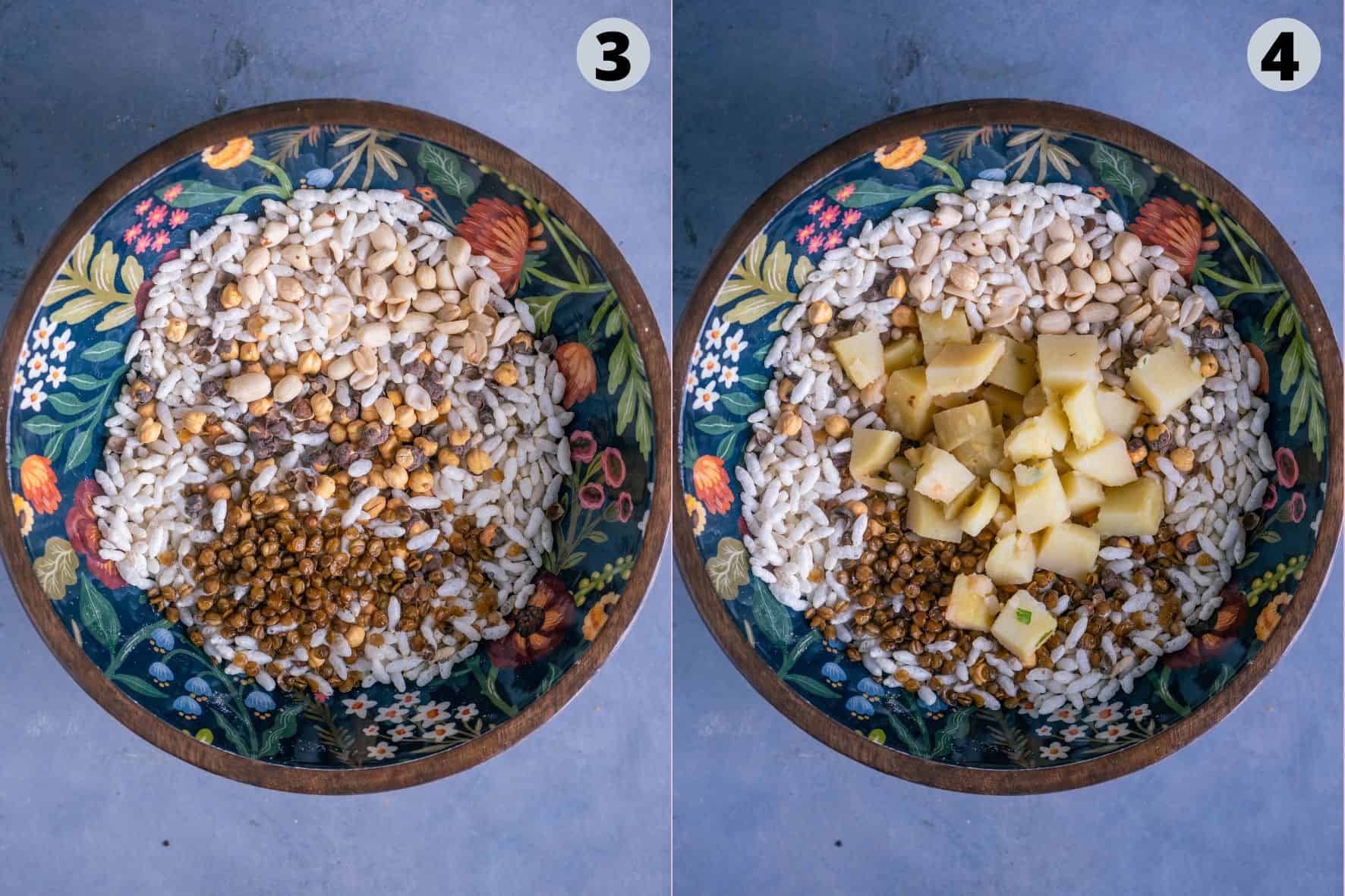 2 image collage showing what ingredients to add when making the Indian Bhel Puri.