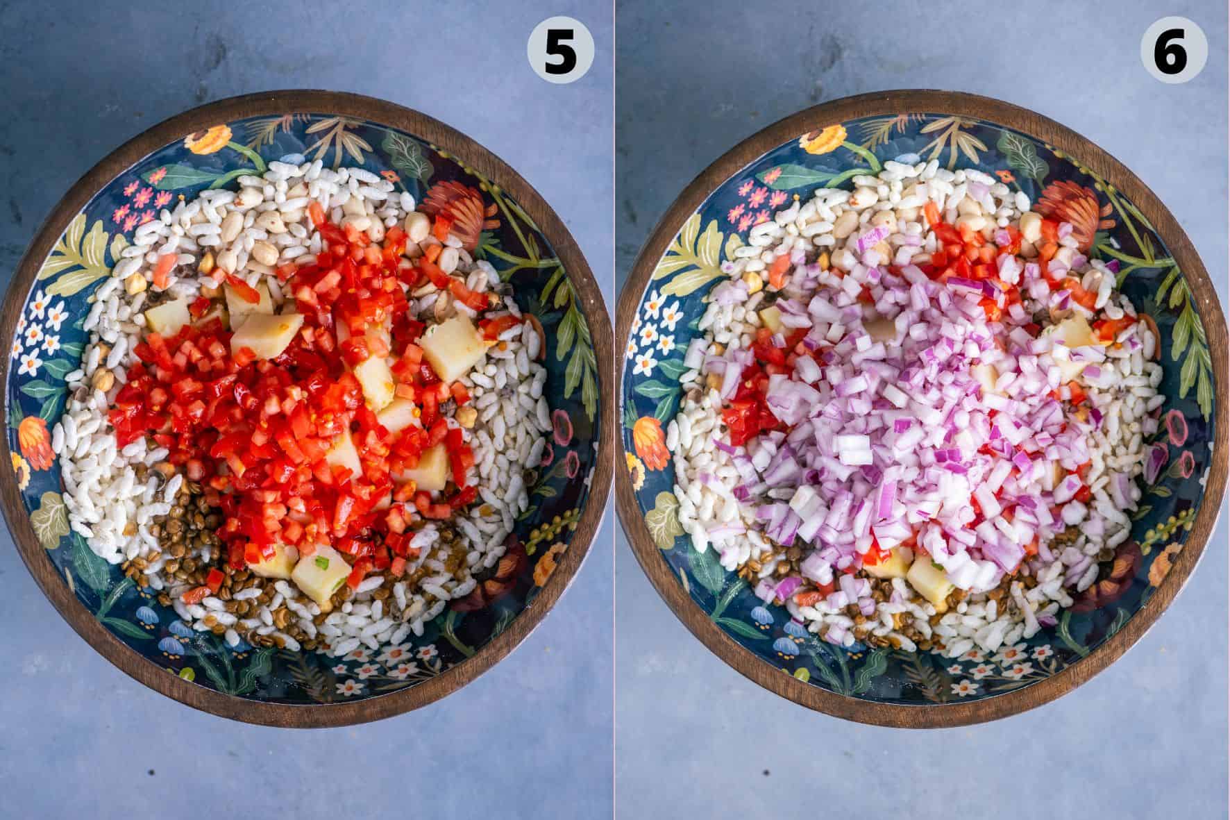 2 image collage showing the process of making Bhel Poori.