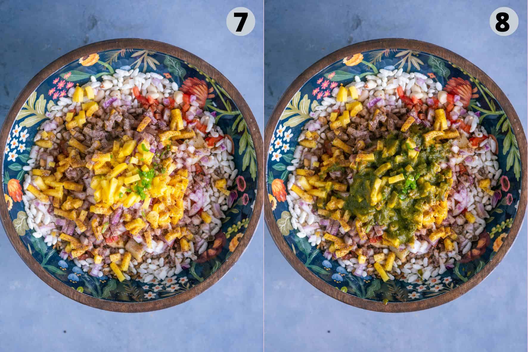 2 image collage showing how to make Bhel Puri at home.