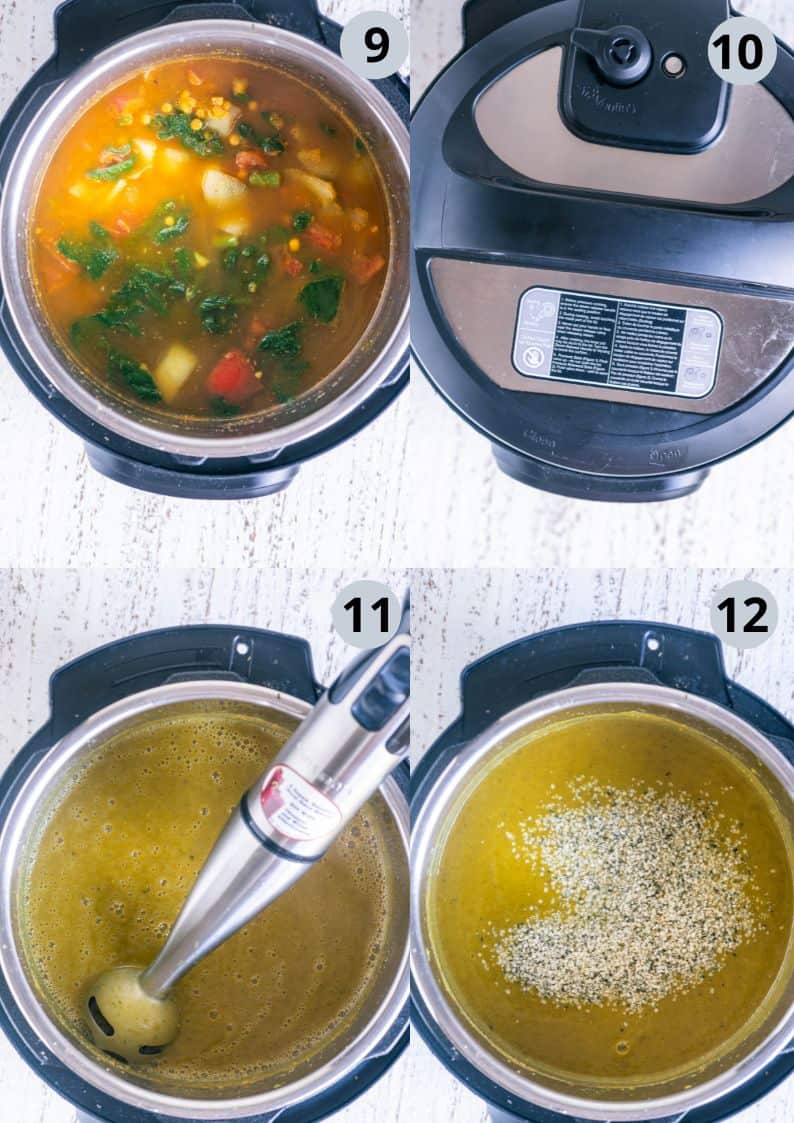 4 image collage showing the steps to make Indian Lentil Soup in the Instant Pot.