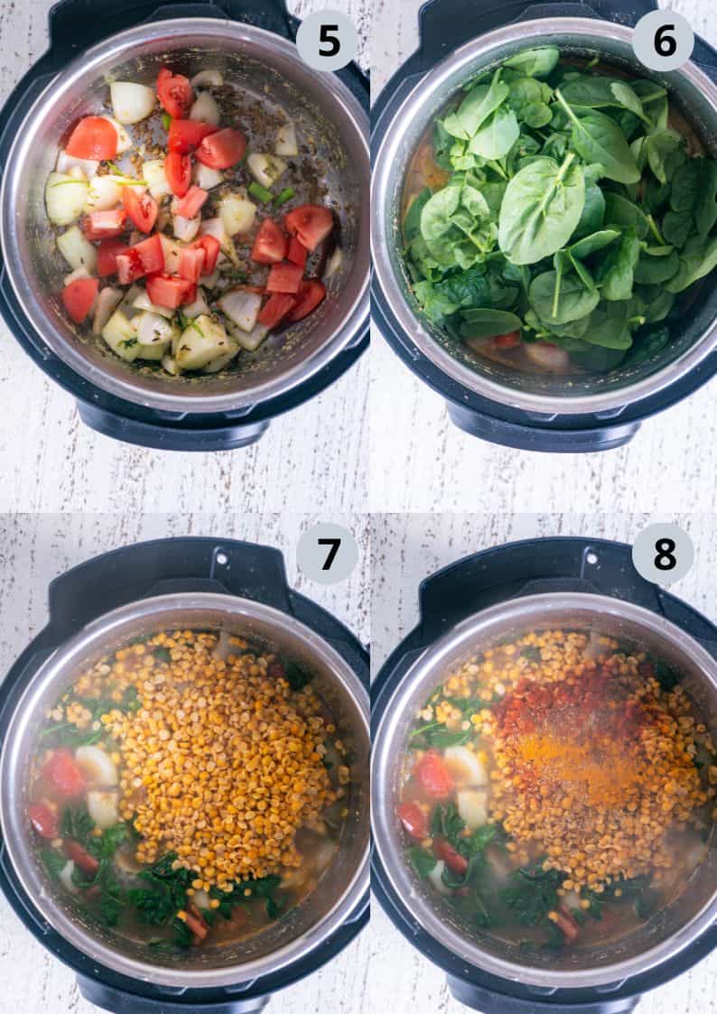 4 image collage showing the process of making Instant Pot Lentil Soup.