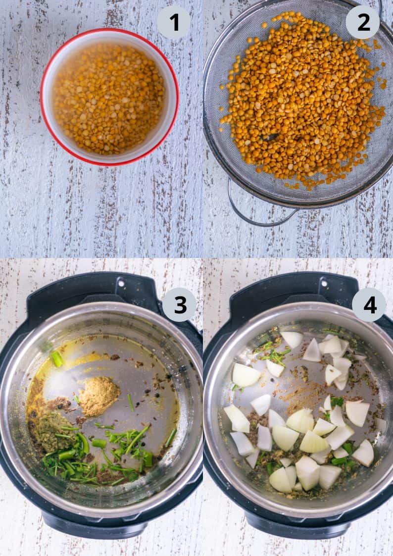 4 image collage showing how to make vegan Dal Shorba.