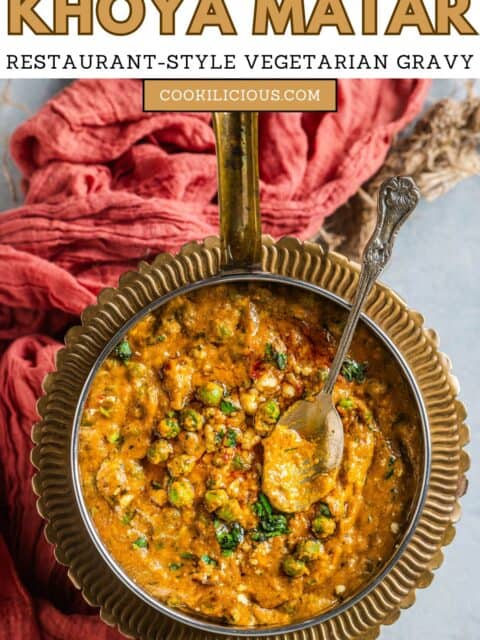 A spoon placed on top of Khoya Matar curry and text at the top.