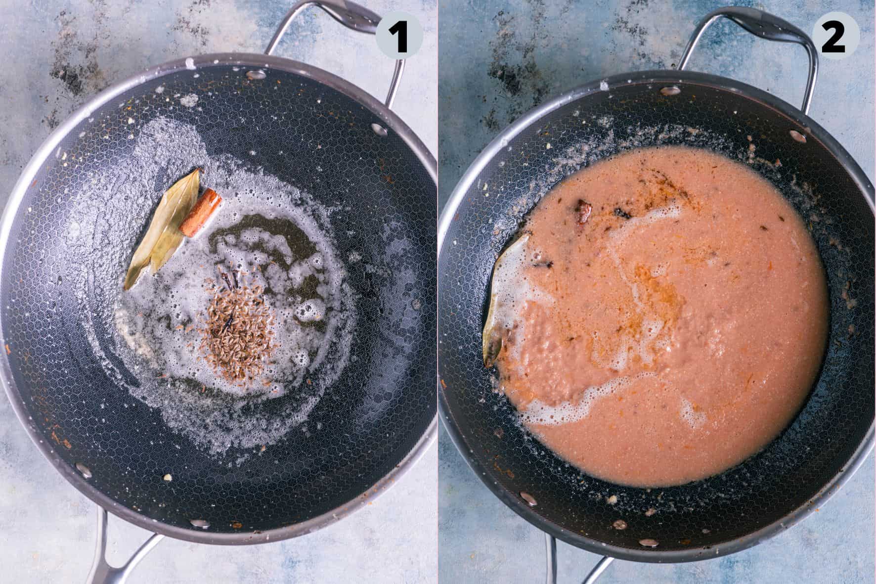 2 image collage showing how to make the curry base for Khoya Matar.