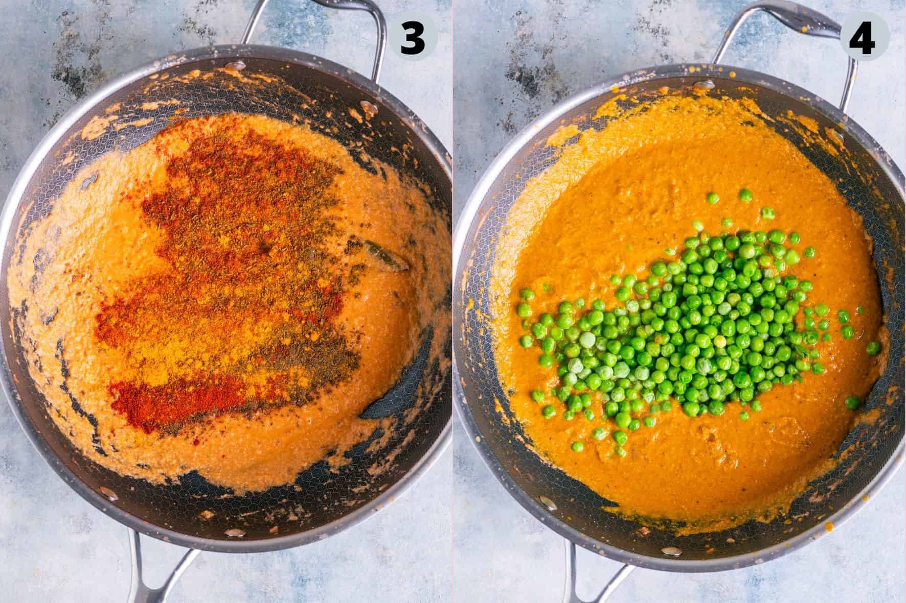 2 image collage showing how to make Khoya Matar.