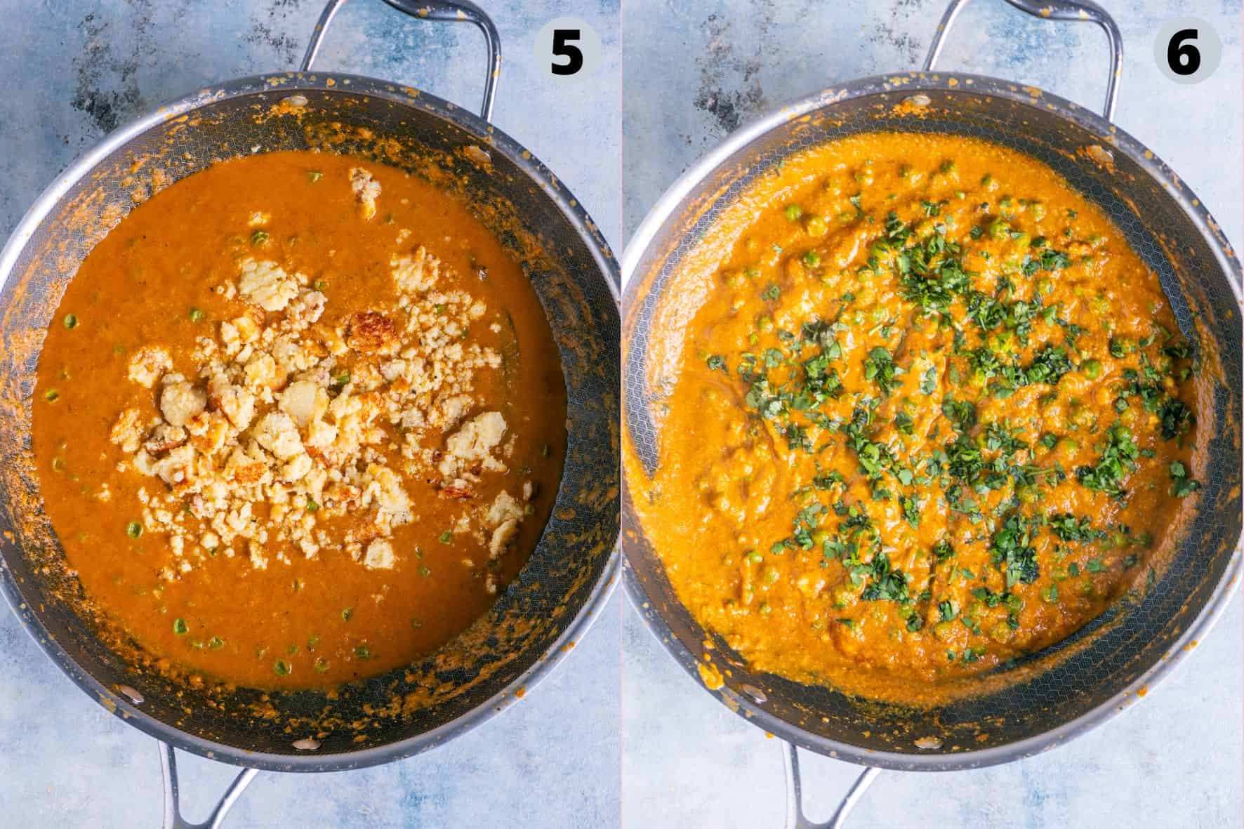 2 image collage showing the steps to make Khoya Matar at home.