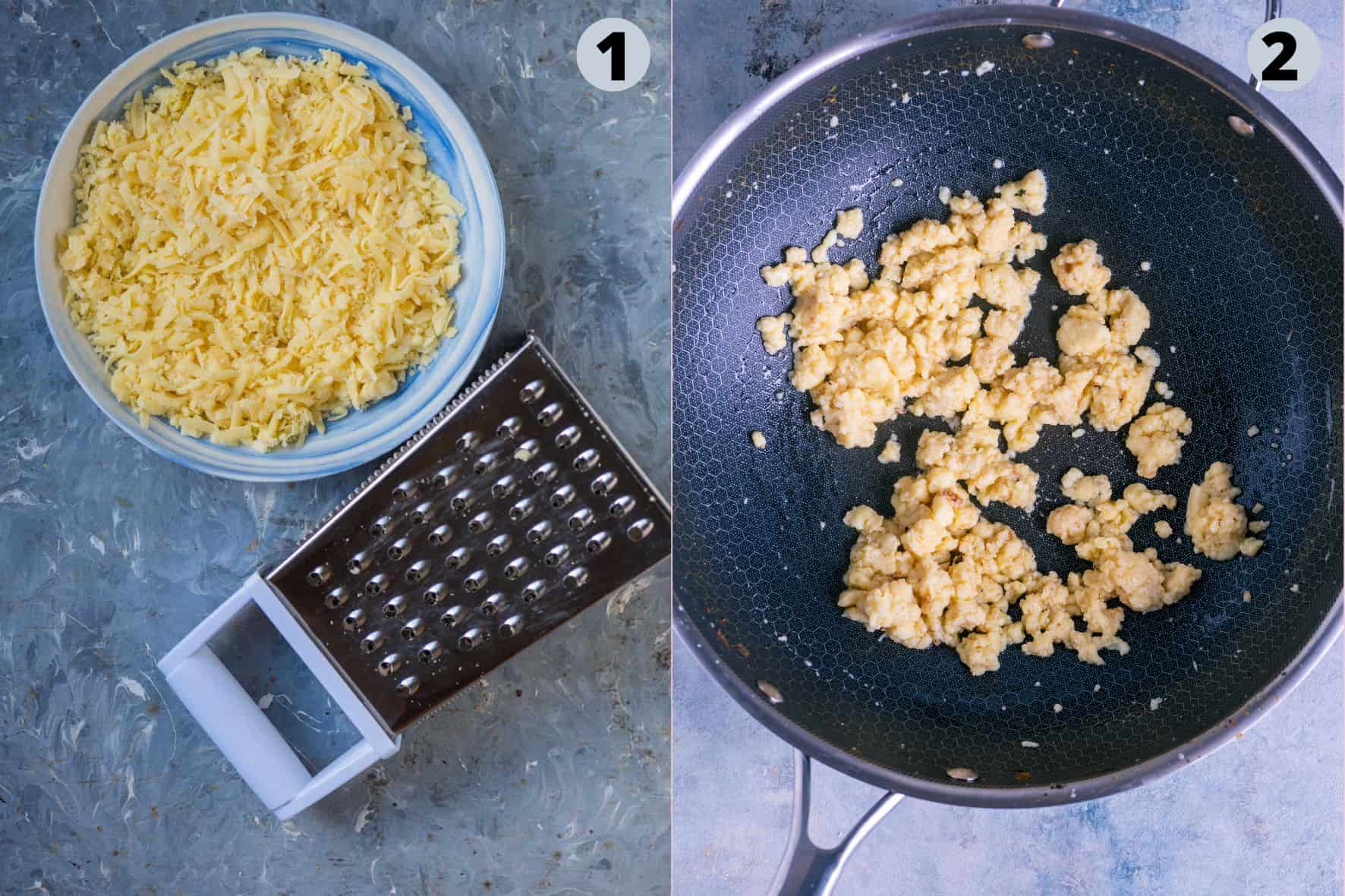 2 image collage showing how to prep the mawa to make Khoya Matar.