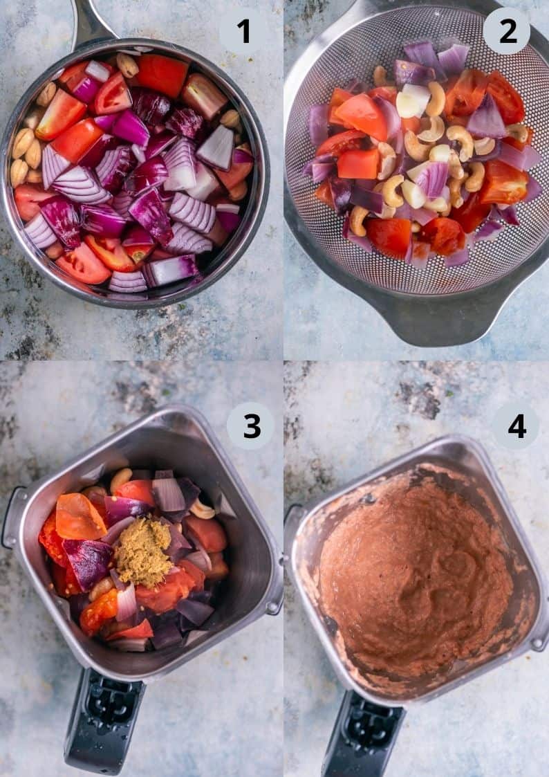 4 image collage showing how to make the ground masala base for Khoya Matar.